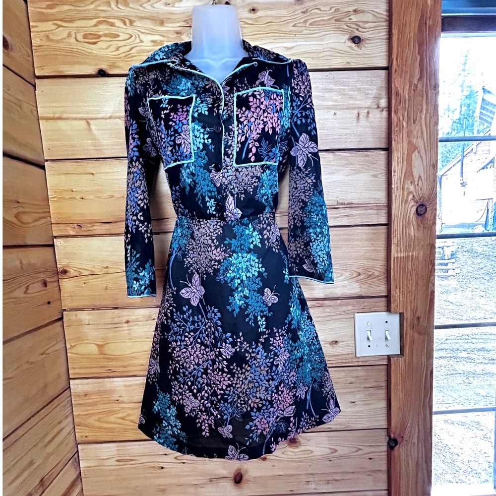 Vintage Sears‎ Butterfly Floral Print Dress Long Sleeve Elastic Waist Black Pink